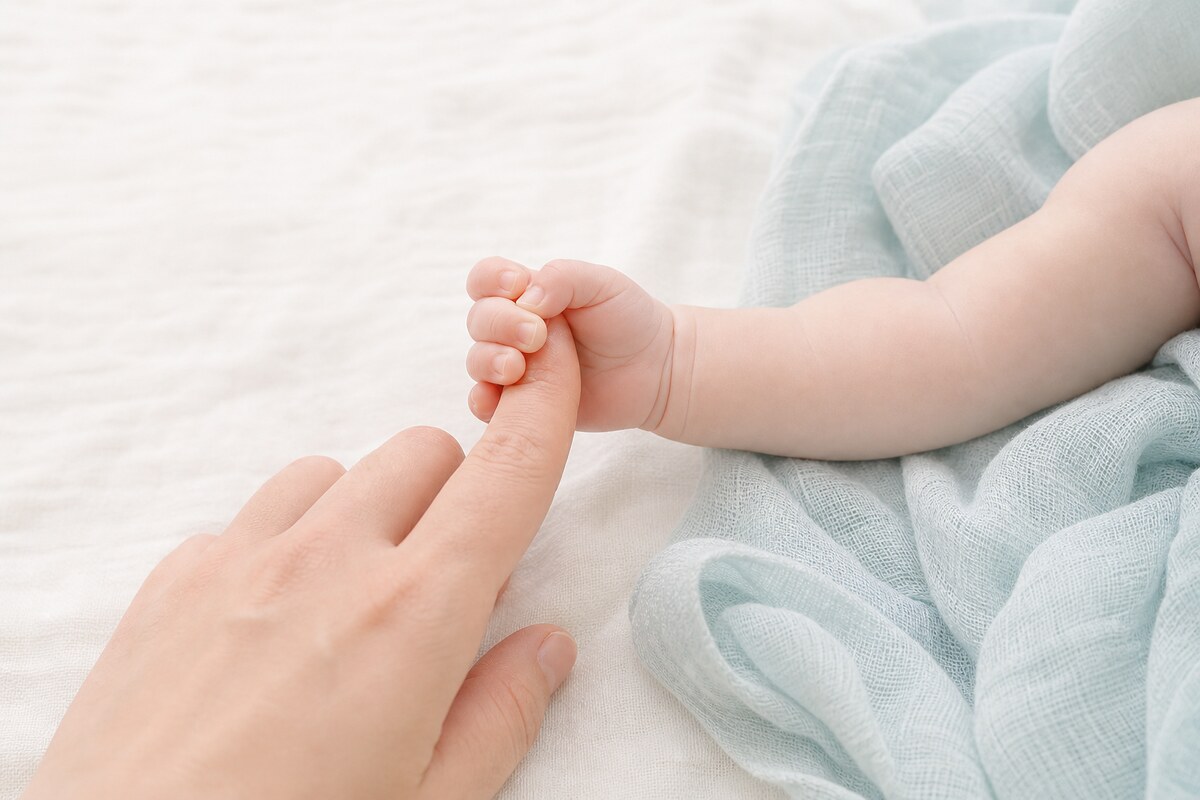 赤ちゃんが家族の指を握る様子
